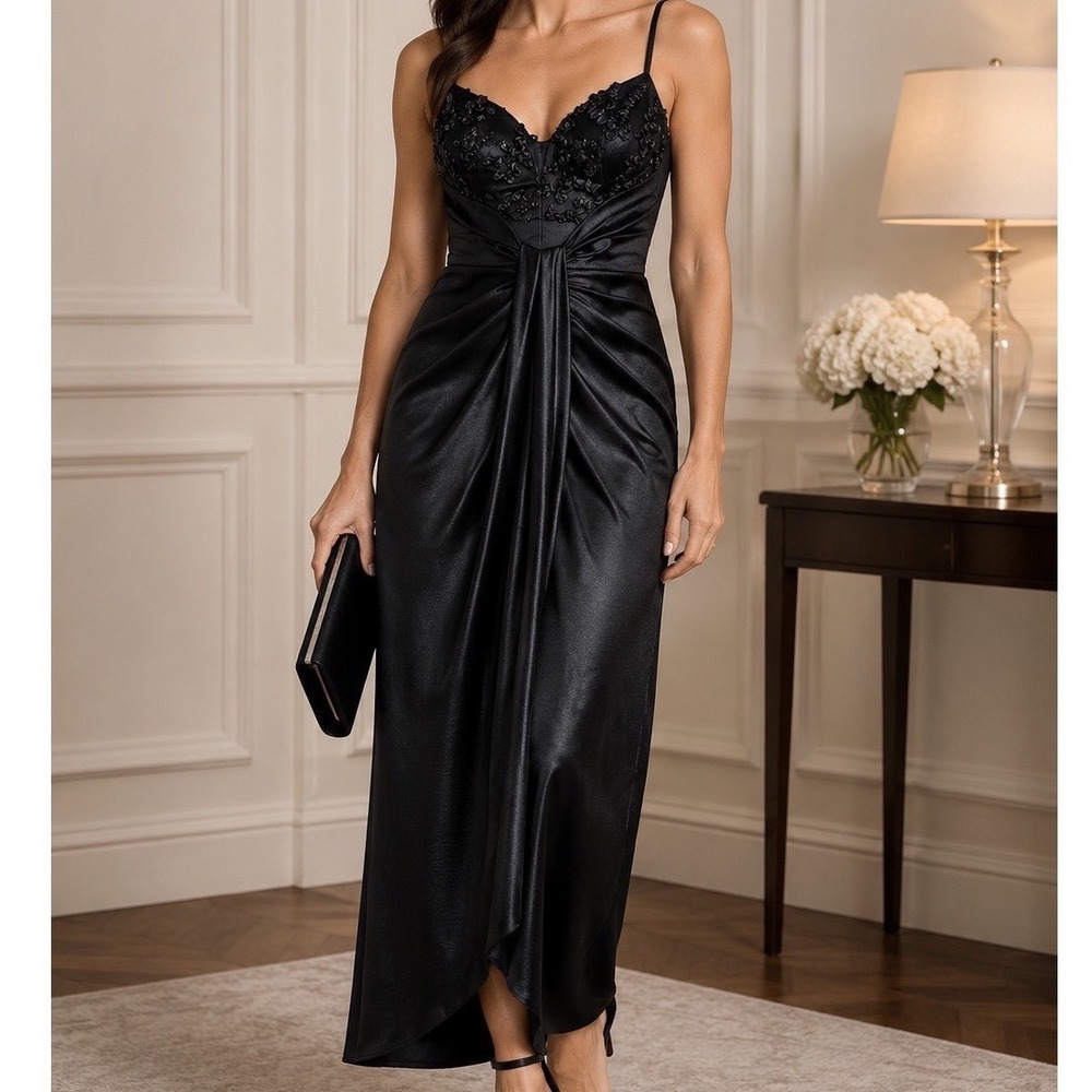 ENTRY Cocktail Dress Women S Black Drape Ruched Lace Trim Asymmetric Hem Evening